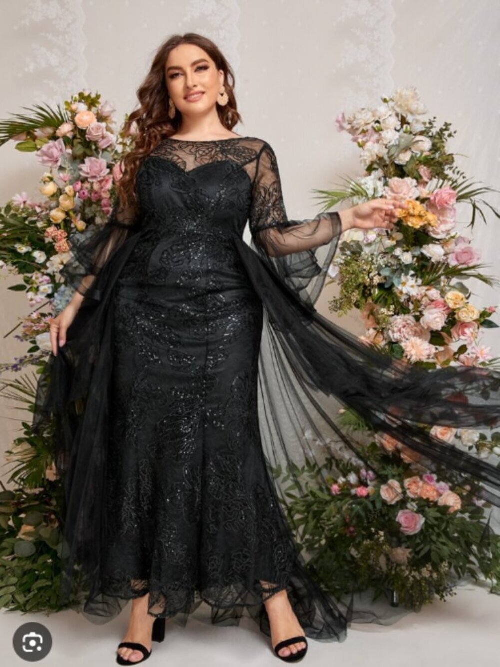 SHEIN Belle Plus Layered Sleeve Embroidery Mesh Dress
